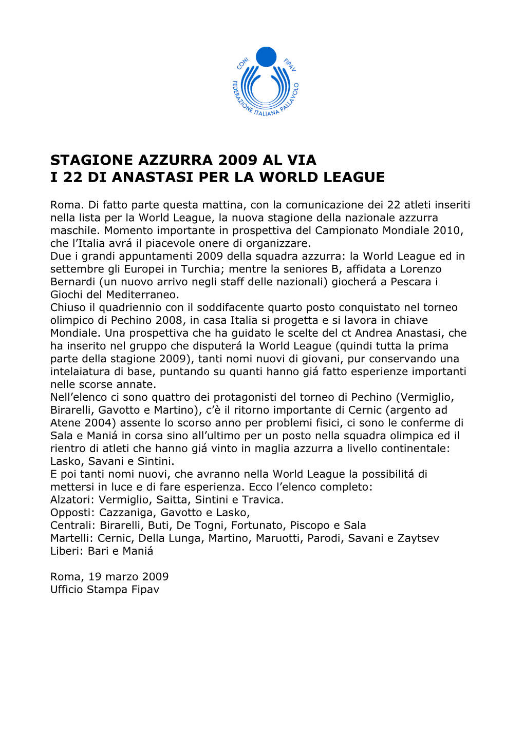 Presentazione Stagione Nazionale Maschile