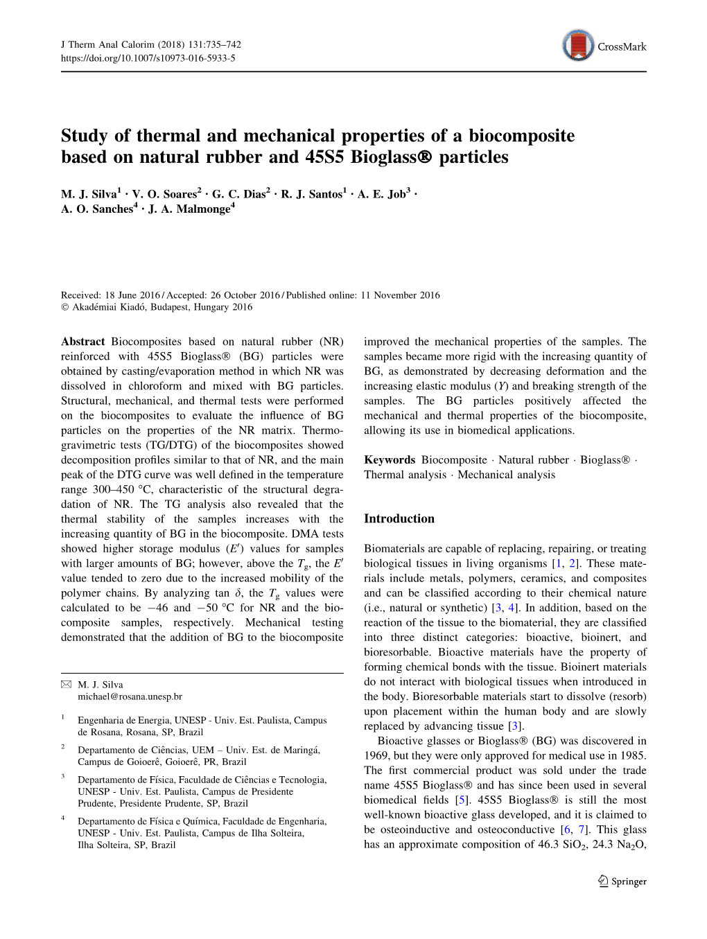 Study of Thermal and Mechanical Properties of a Biocomposite Based on Natural Rubber and 45S5 Bioglassò Particles