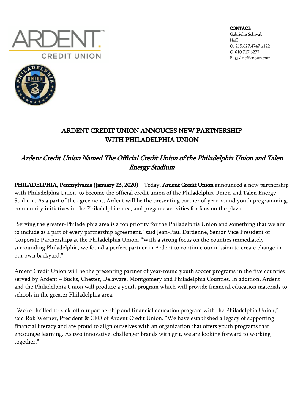 Ardent Credit Union Named the Official Credit Union of the Philadelphia Union and Talen Energy Stadium