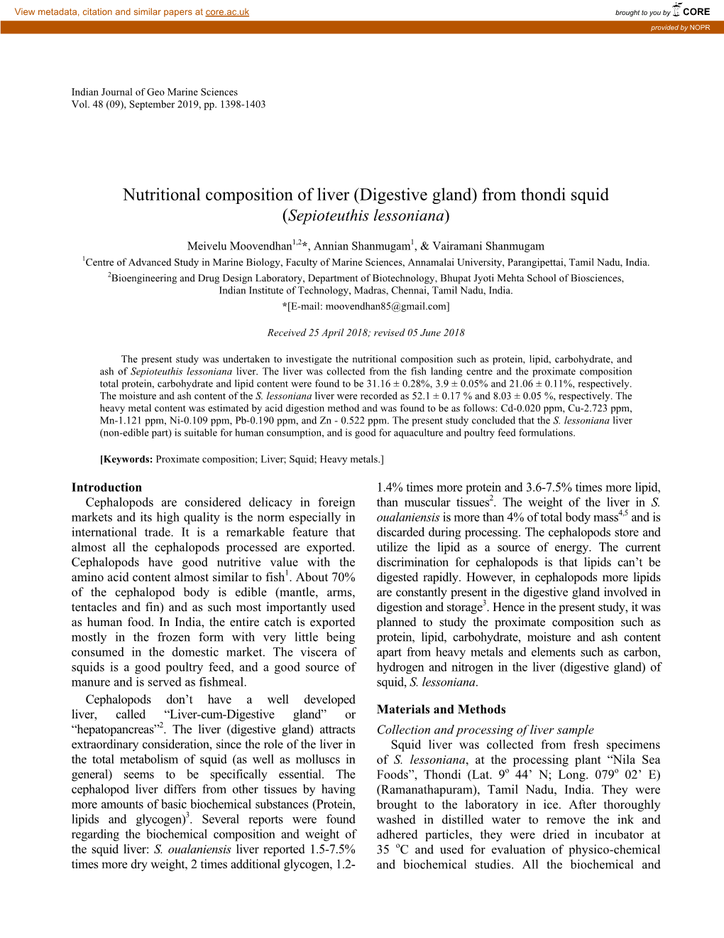 Nutritional Composition of Liver (Digestive Gland) from Thondi Squid (Sepioteuthis Lessoniana)