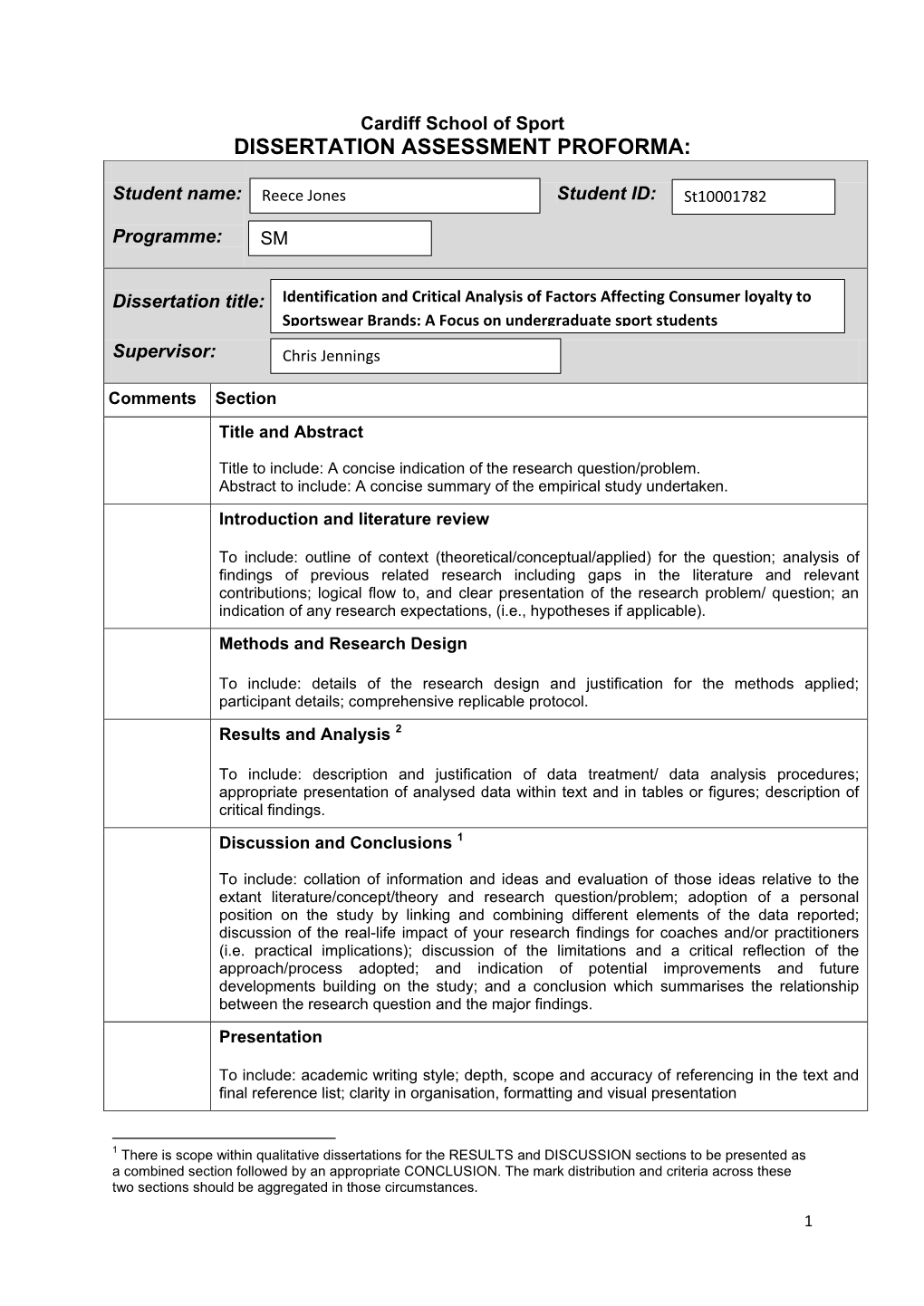 Dissertation Assessment Proforma