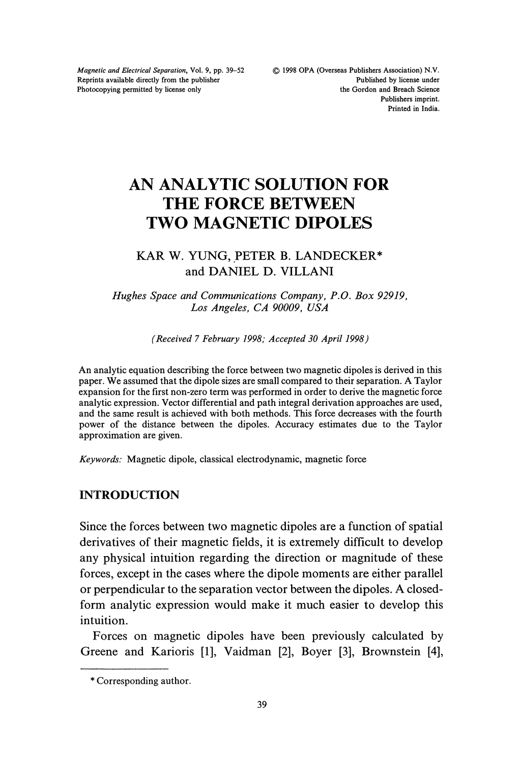 The Force Between Two Magnetic Dipoles