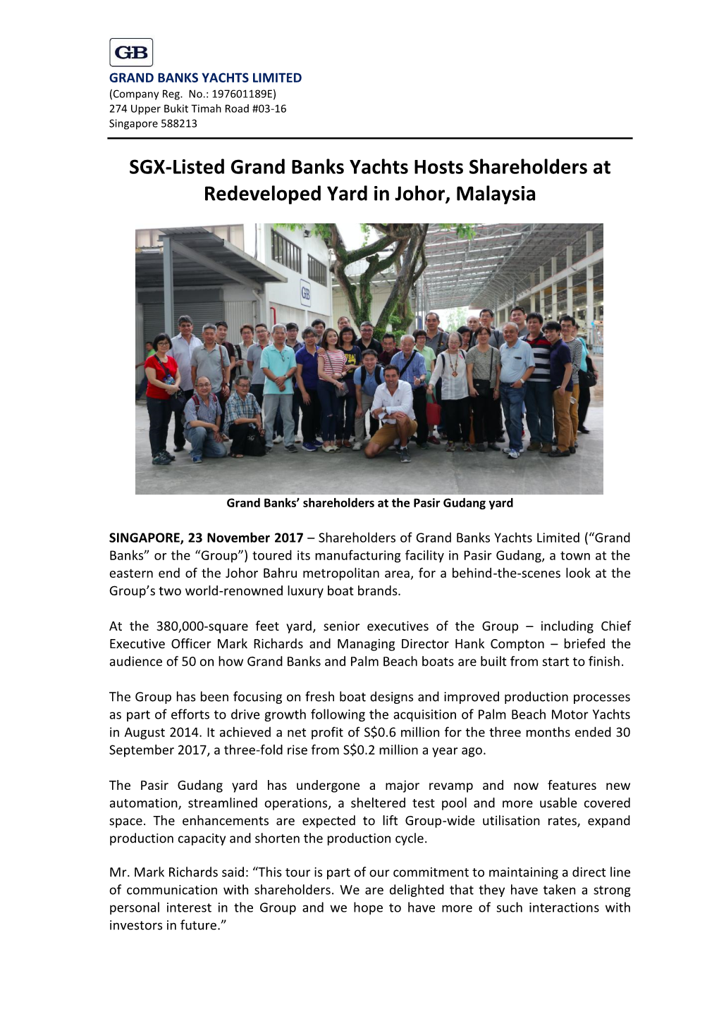 SGX-Listed Grand Banks Yachts Hosts Shareholders at Redeveloped Yard in Johor, Malaysia