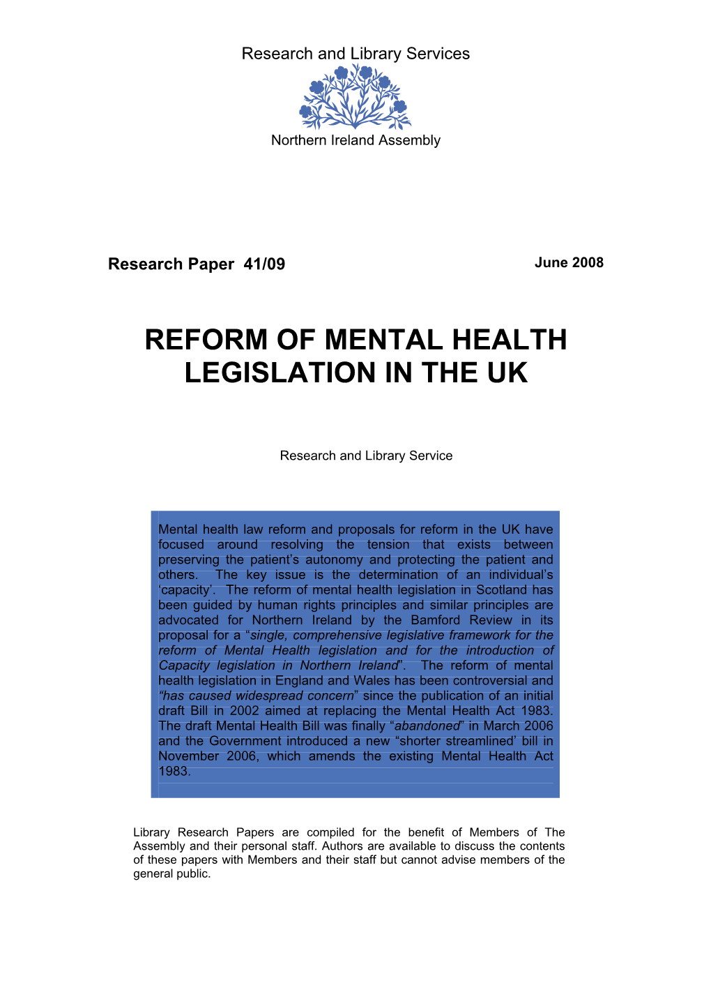 Reform of Mental Health Legislation in the Uk