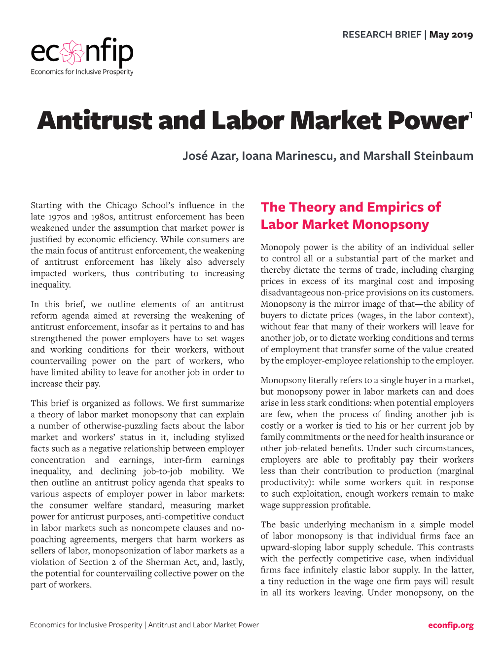 Antitrust and Labor Market Power1 José Azar, Ioana Marinescu, and Marshall Steinbaum