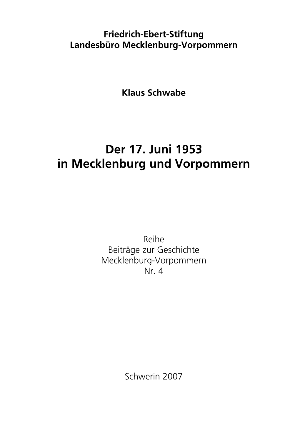 Der 17. Juni 1953 in Mecklenburg Und Vorpommern