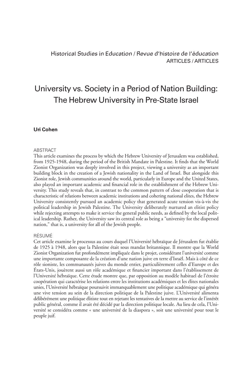 University Vs. Society in a Period of Nation Building: the Hebrew University in Pre-State Israel