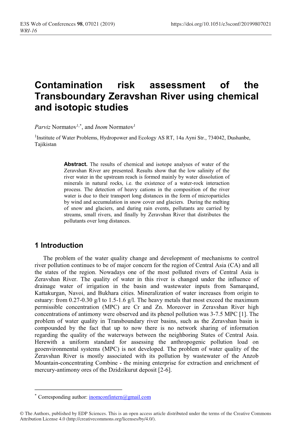 Contamination Risk Assessment of the Transboundary Zeravshan River Using Chemical and Isotopic Studies