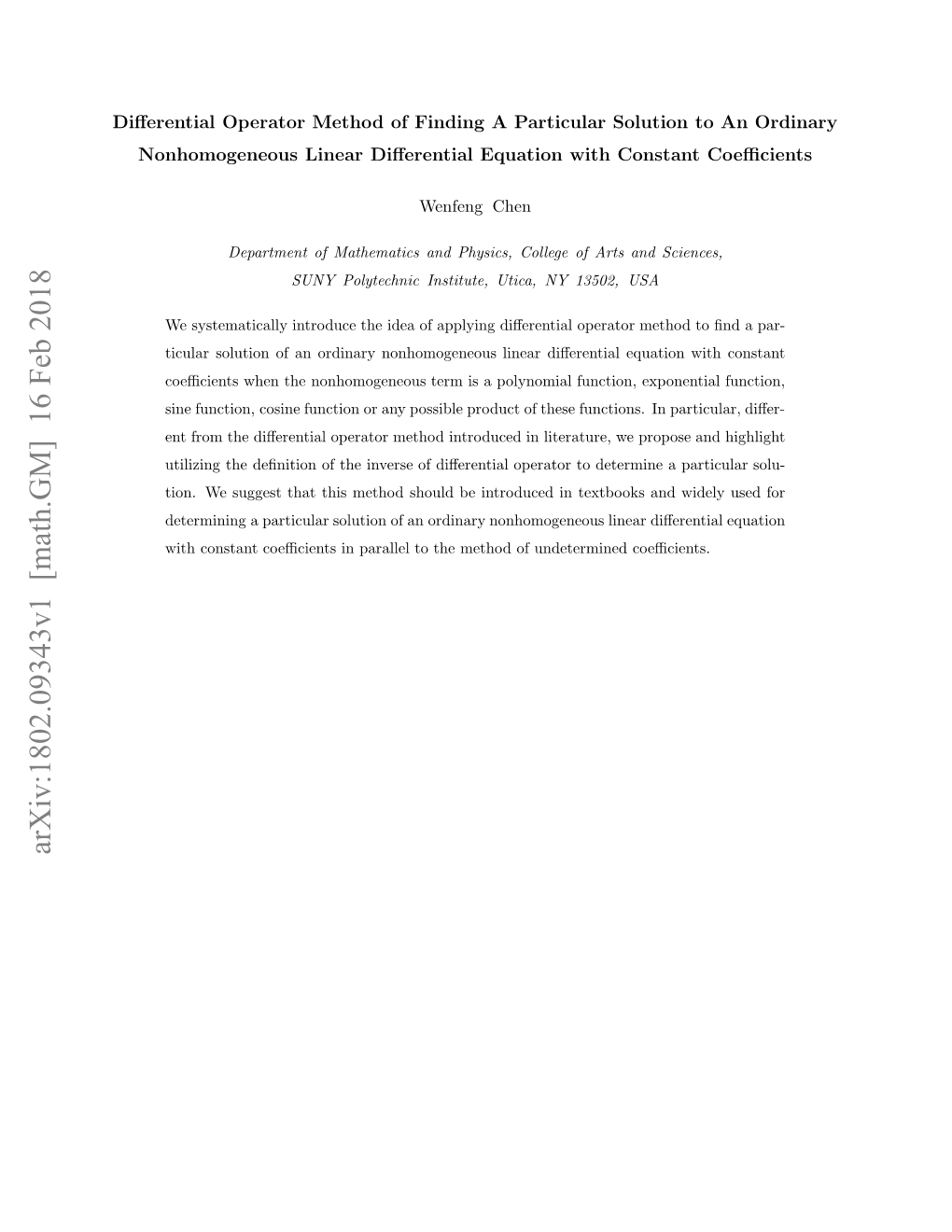 Differential Operator Method of Finding a Particular Solution to an Ordinary Nonhomogeneous Linear Differential Equation with Constant Coefficients