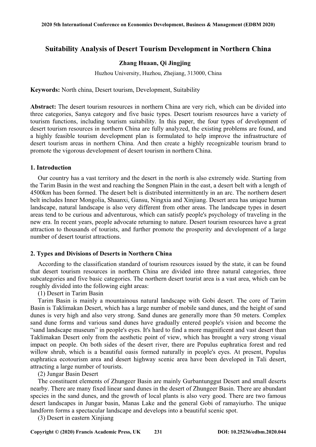 Suitability Analysis of Desert Tourism Development in Northern China