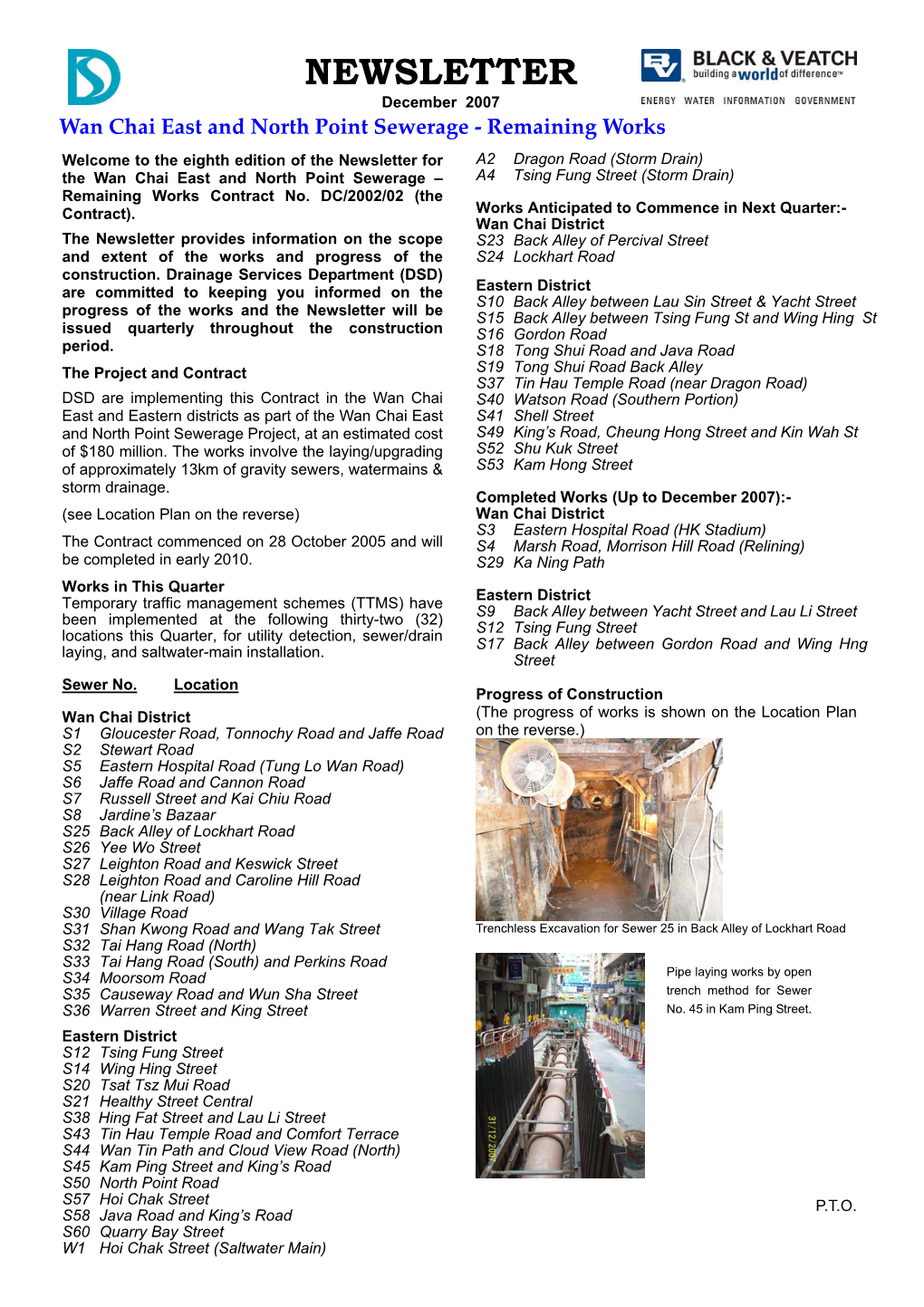 NEWSLETTER December 2007 Wan Chai East and North Point Sewerage ‐ Remaining Works