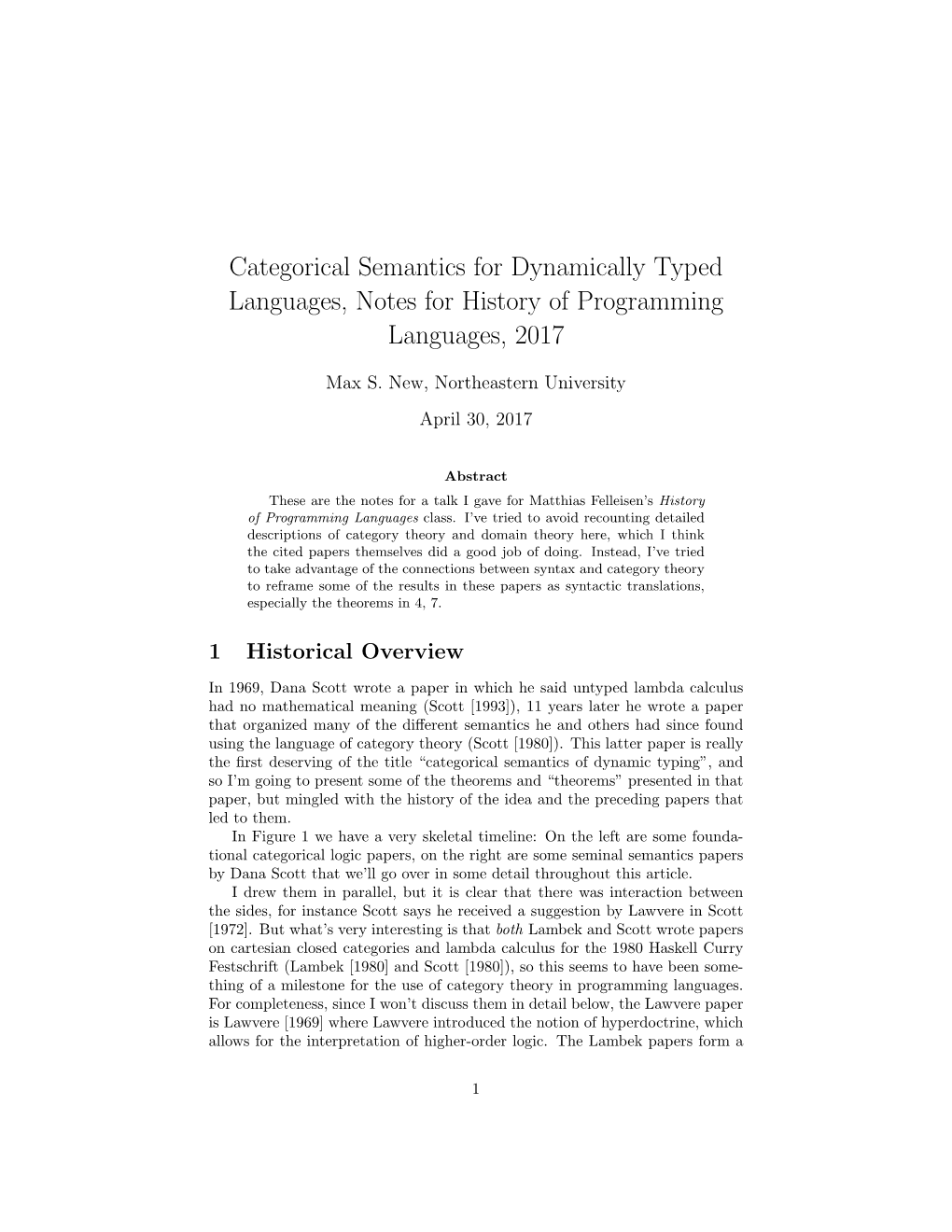 Categorical Semantics for Dynamically Typed Languages, Notes for History of Programming Languages, 2017