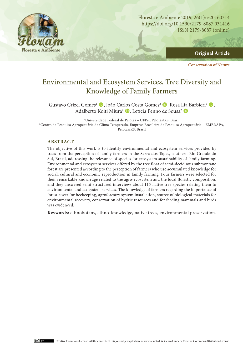 Environmental and Ecosystem Services, Tree Diversity and Knowledge of Family Farmers