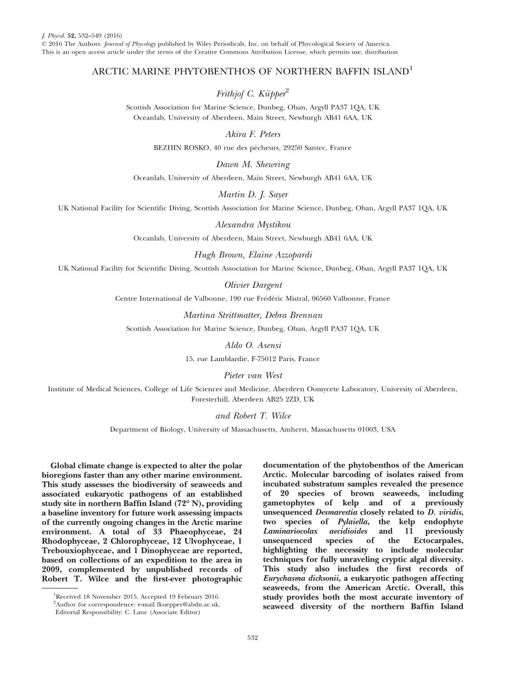 Arctic Marine Phytobenthos of Northern Baffin Island1