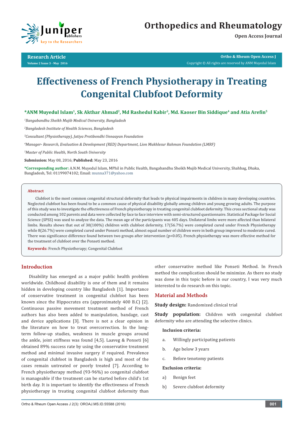 Effectiveness of French Physiotherapy in Treating Congenital Clubfoot Deformity