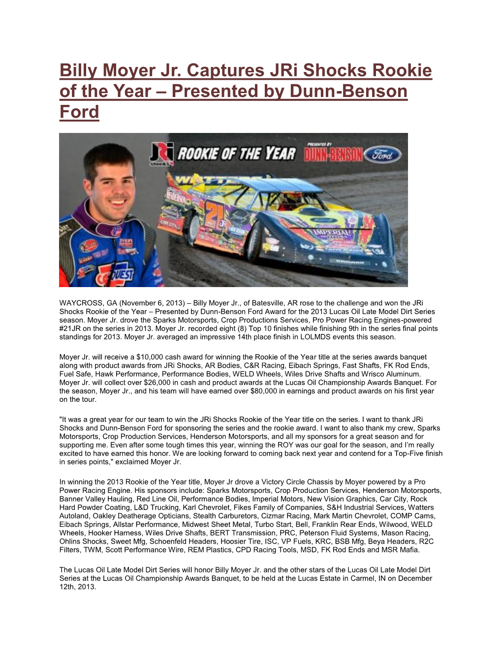 Billy Moyer Jr. Captures Jri Shocks Rookie of the Year – Presented by Dunn-Benson Ford