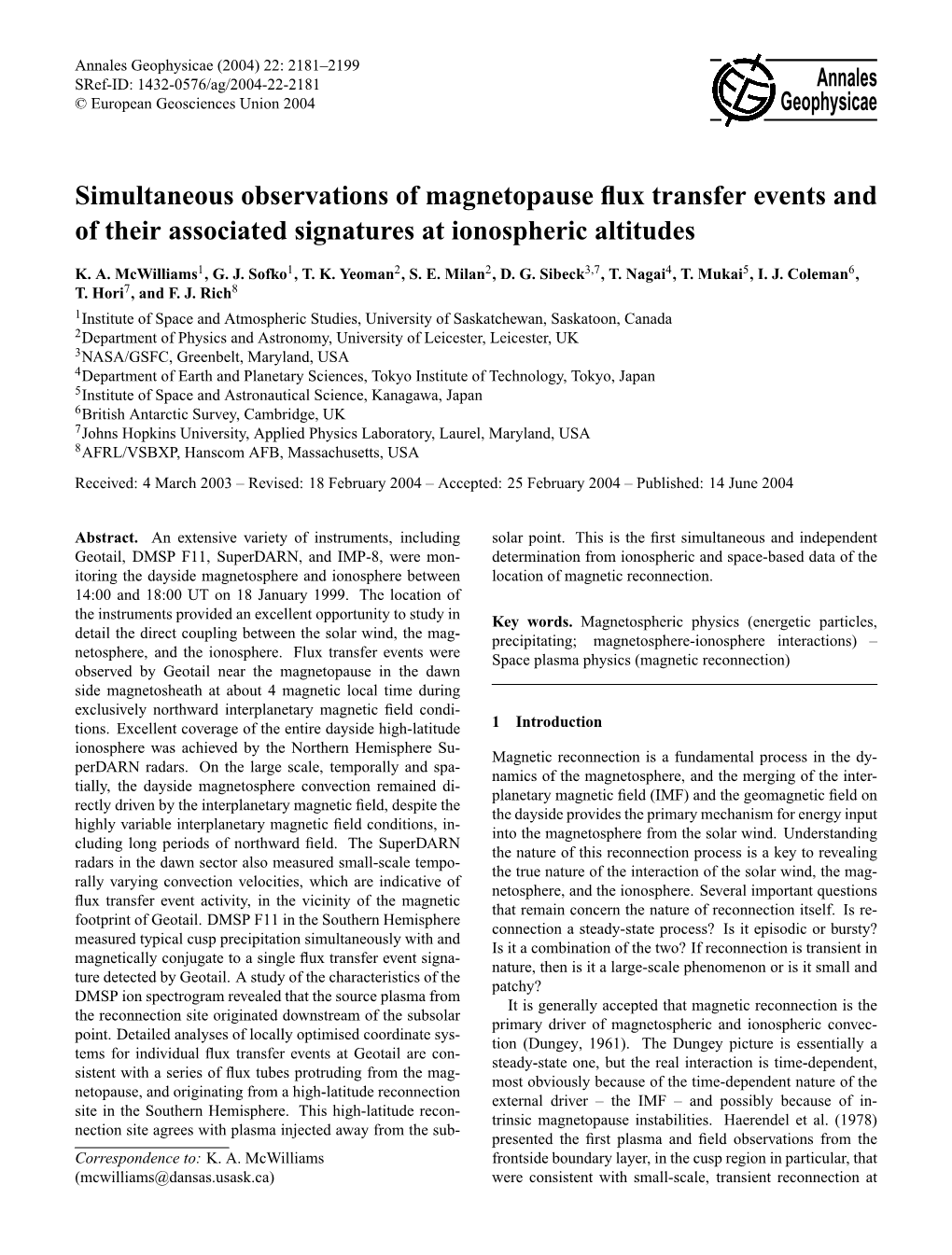 Articles, Detail the Direct Coupling Between the Solar Wind, the Mag- Precipitating; Magnetosphere-Ionosphere Interactions) – Netosphere, and the Ionosphere