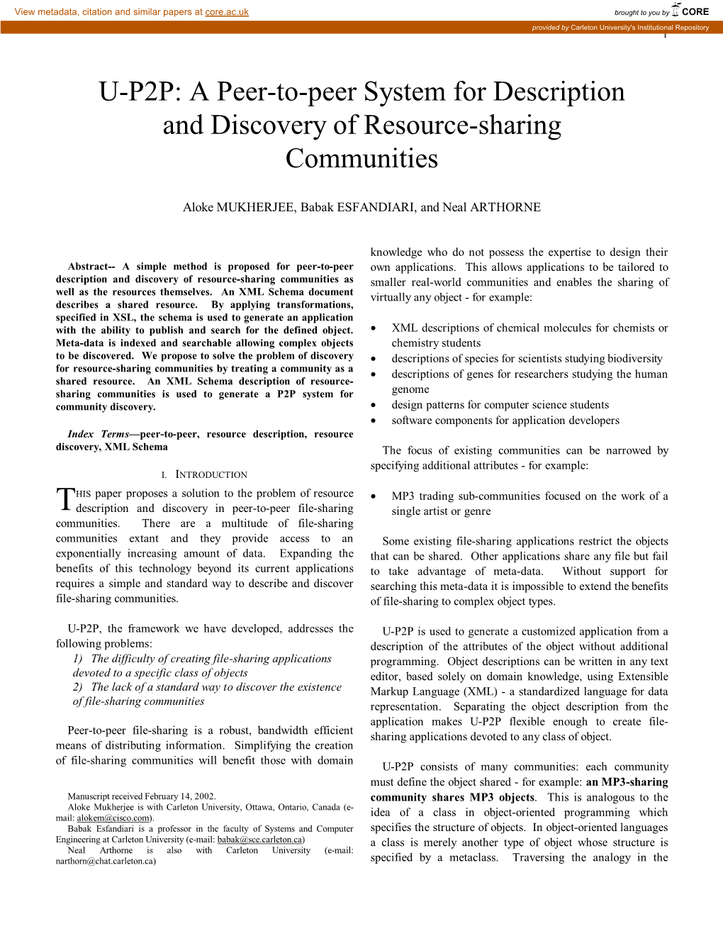 U-P2P: a Peer-To-Peer System for Description and Discovery of Resource-Sharing Communities