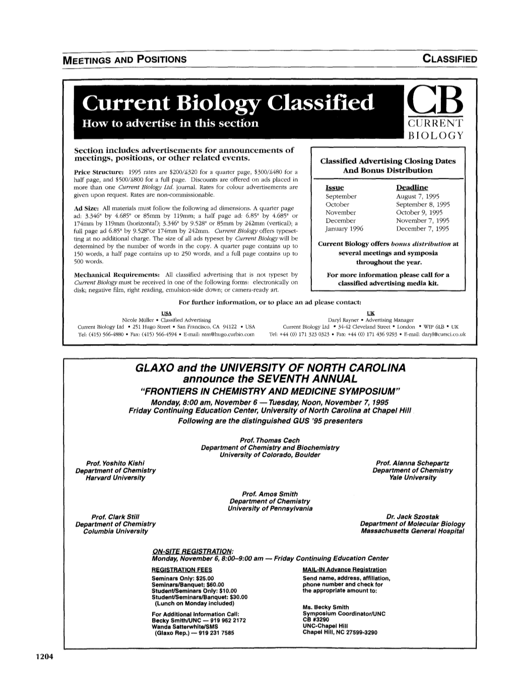 Meetings and Positions Classified Cb Current Biology