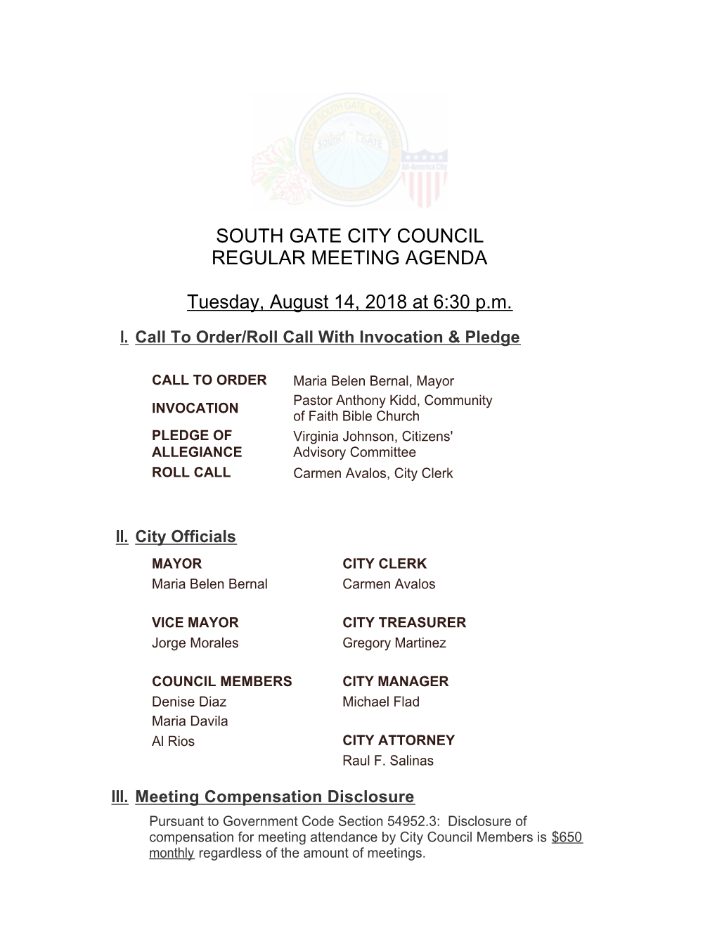 South Gate City Council Regular Meeting Agenda