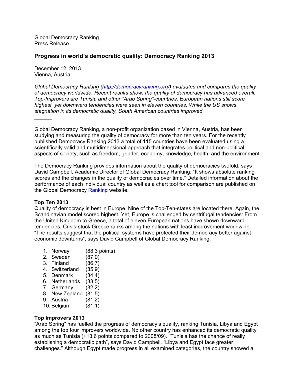 Press Release Progress in World's Democratic