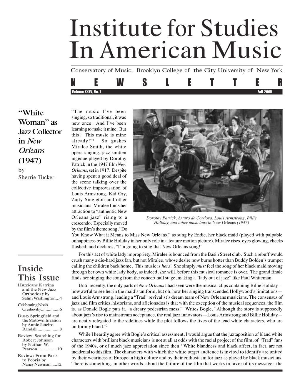 Institute for Studies in American Music Conservatory of Music, Brooklyn College of the City University of New York NEWSLETTER Volume XXXV, No