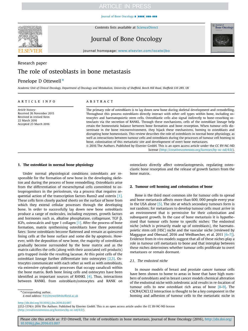 The Role of Osteoblasts in Bone Metastasis