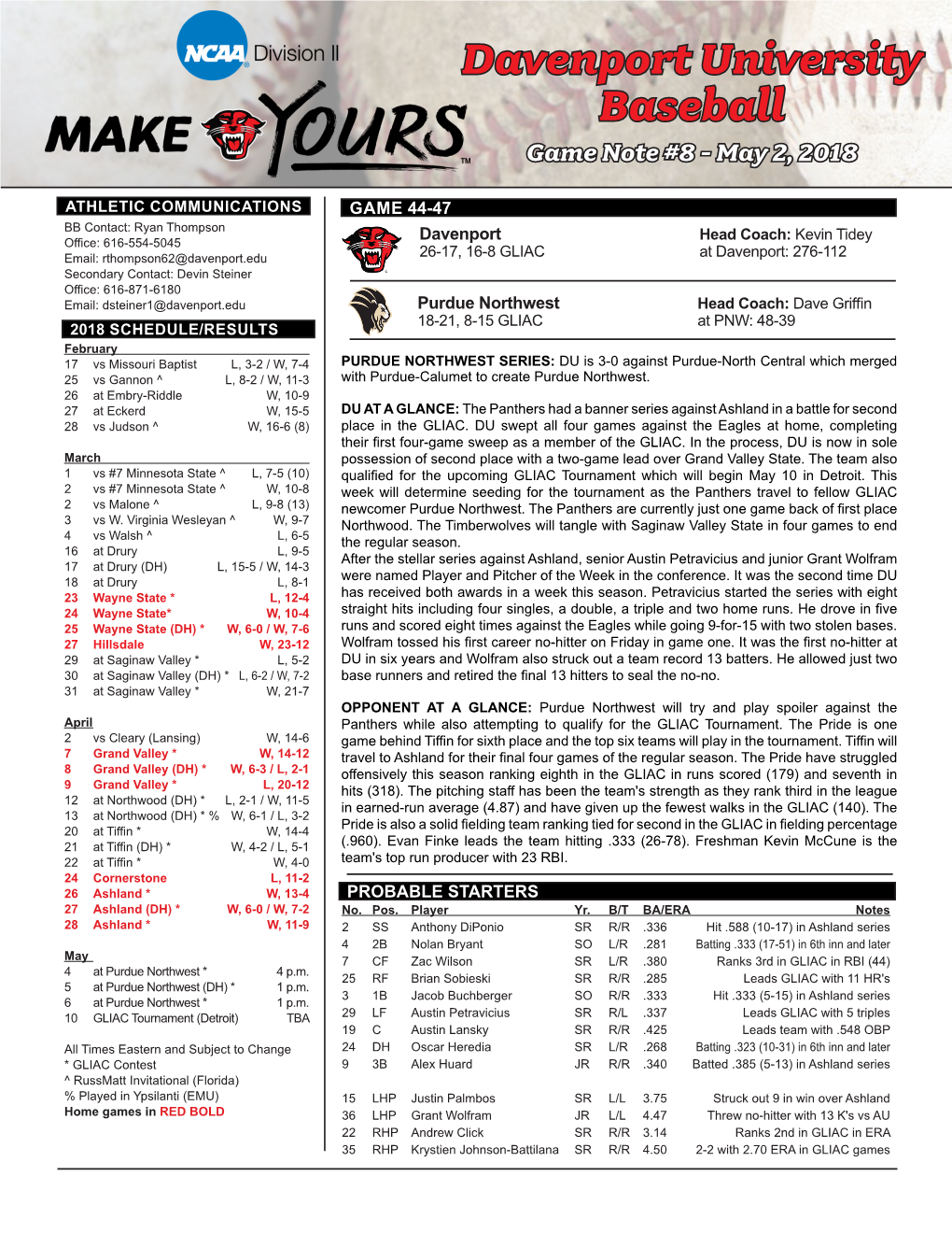 Davenport University Baseball Game Note #8 - May 2, 2018