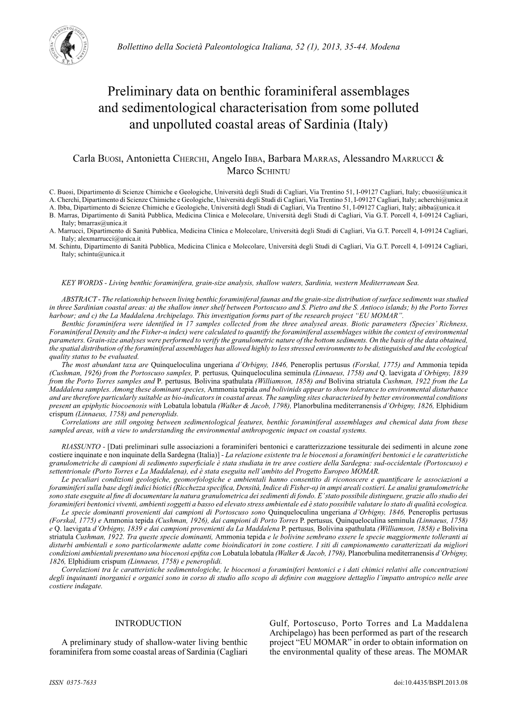 Preliminary Data on Benthic Foraminiferal Assemblages and Sedimentological Characterisation from Some Polluted and Unpolluted Coastal Areas of Sardinia (Italy)