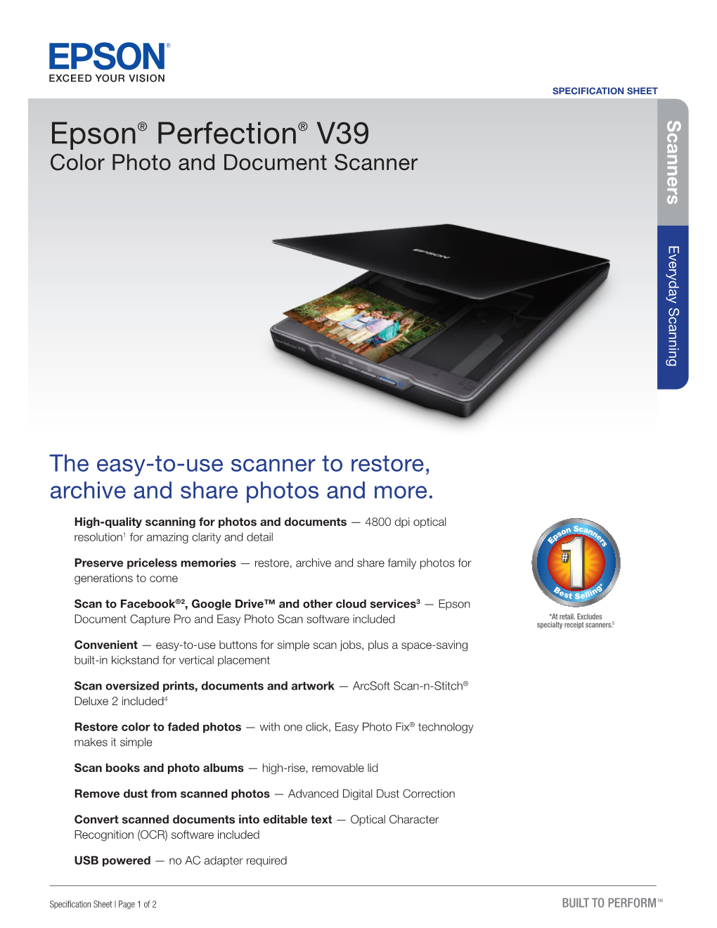 Epson® Perfection® V39 Color Photo and Document Scanner Everyday Scanning