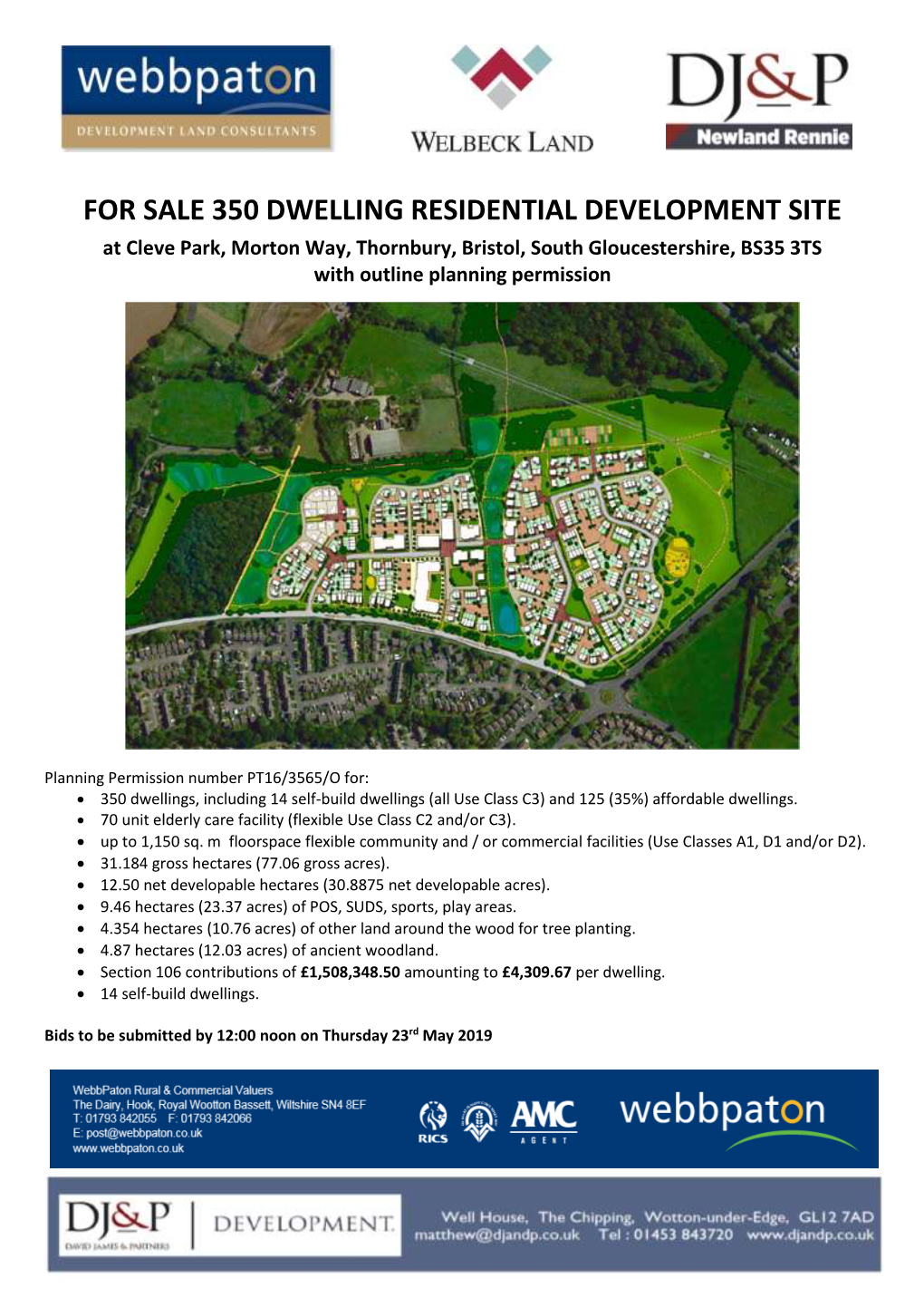 FOR SALE 350 DWELLING RESIDENTIAL DEVELOPMENT SITE at Cleve Park, Morton Way, Thornbury, Bristol, South Gloucestershire, BS35 3TS with Outline Planning Permission