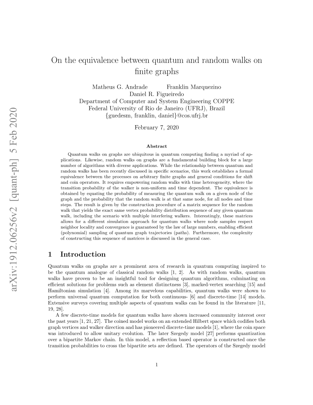 On the Equivalence Between Quantum and Random Walks on Finite Graphs