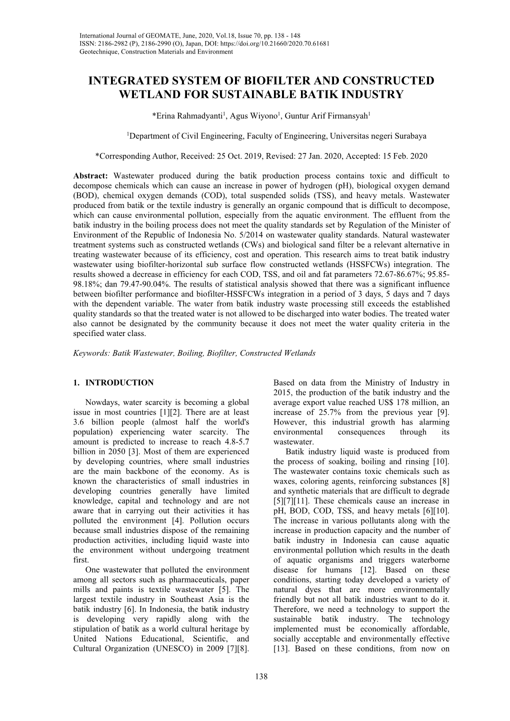 Integrated System of Biofilter and Constructed Wetland for Sustainable Batik Industry