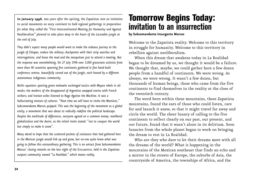 Tomorrow Begins Today: Invitation to an Insurrection