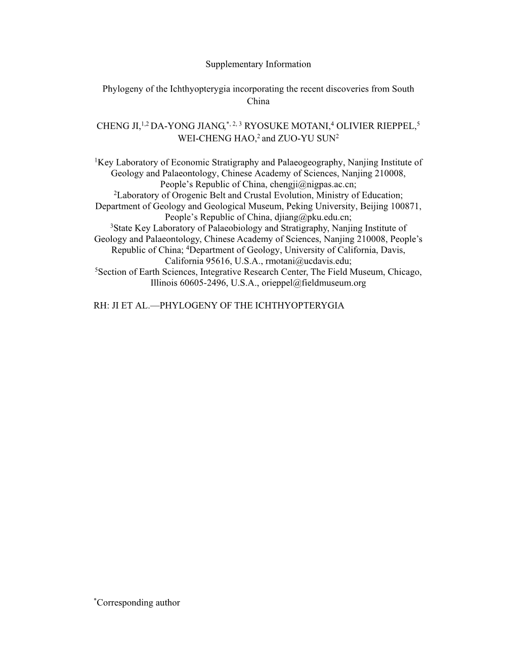 Supplementary Information Phylogeny of the Ichthyopterygia Incorporating