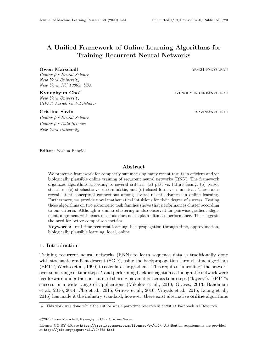 A Unified Framework of Online Learning Algorithms for Training