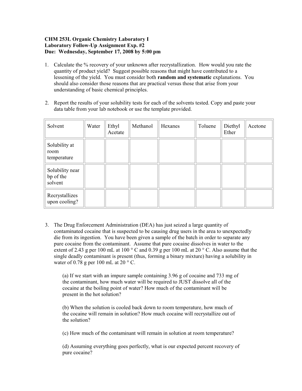 CHM 253L Organic Chemistry Laboratory I