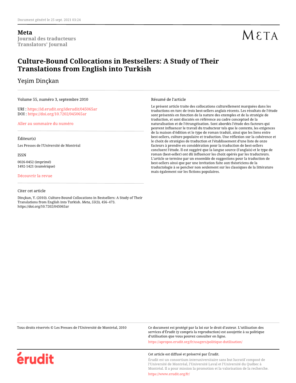 Culture-Bound Collocations in Bestsellers: a Study of Their Translations from English Into Turkish Yeşim Dinçkan