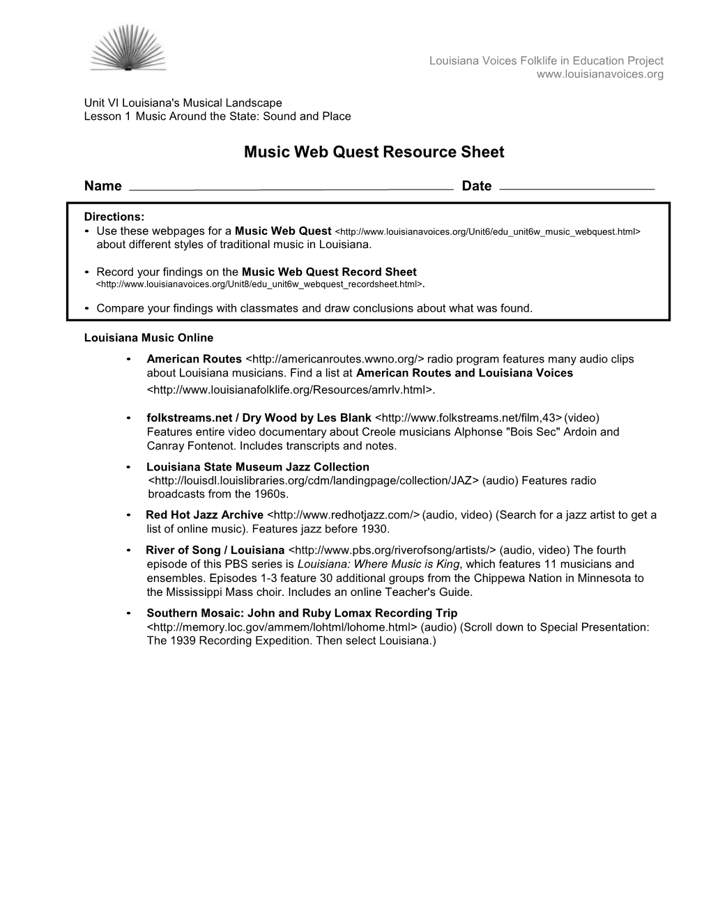 Music Web Quest Resource Sheet