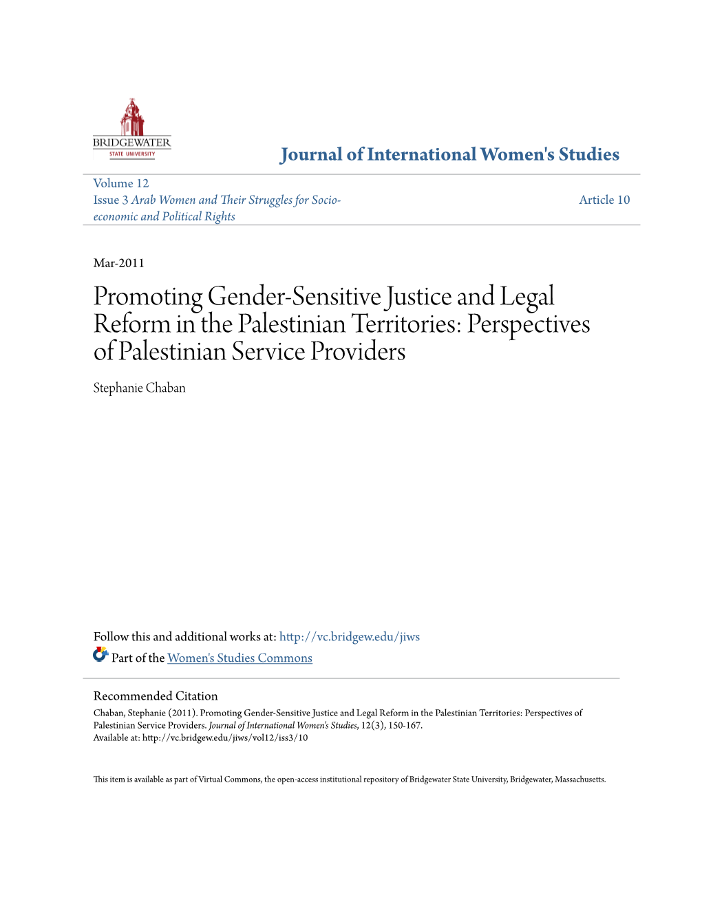 Promoting Gender-Sensitive Justice and Legal Reform in the Palestinian Territories: Perspectives of Palestinian Service Providers Stephanie Chaban