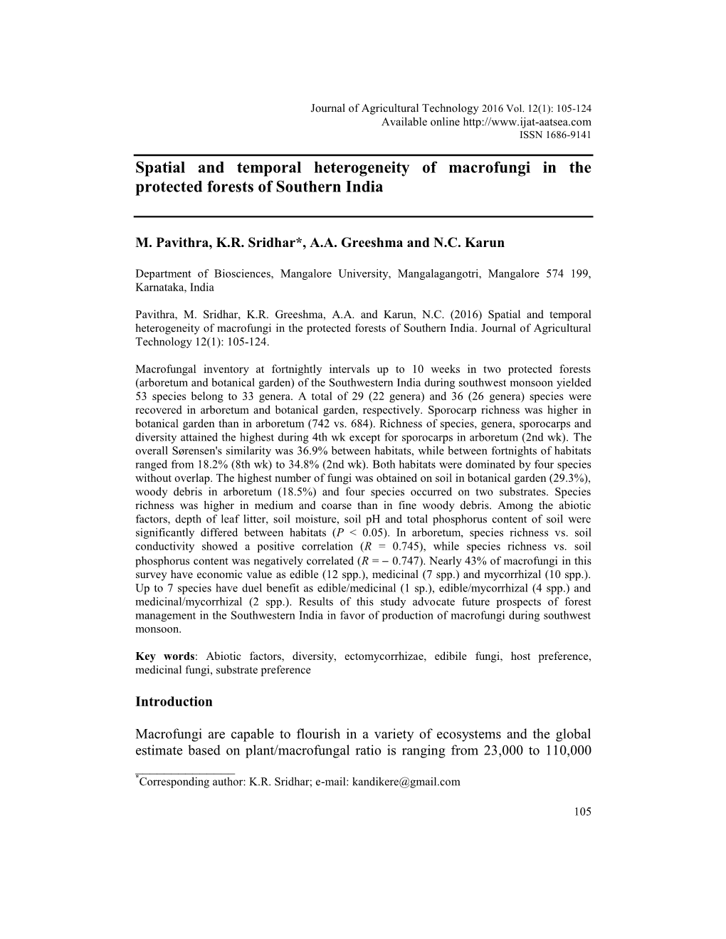 Spatial and Temporal Heterogeneity of Macrofungi in the Protected Forests of Southern India