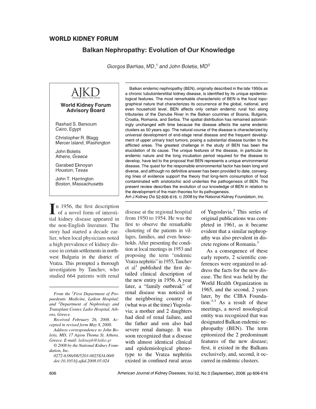 WORLD KIDNEY FORUM Balkan Nephropathy: Evolution of Our Knowledge