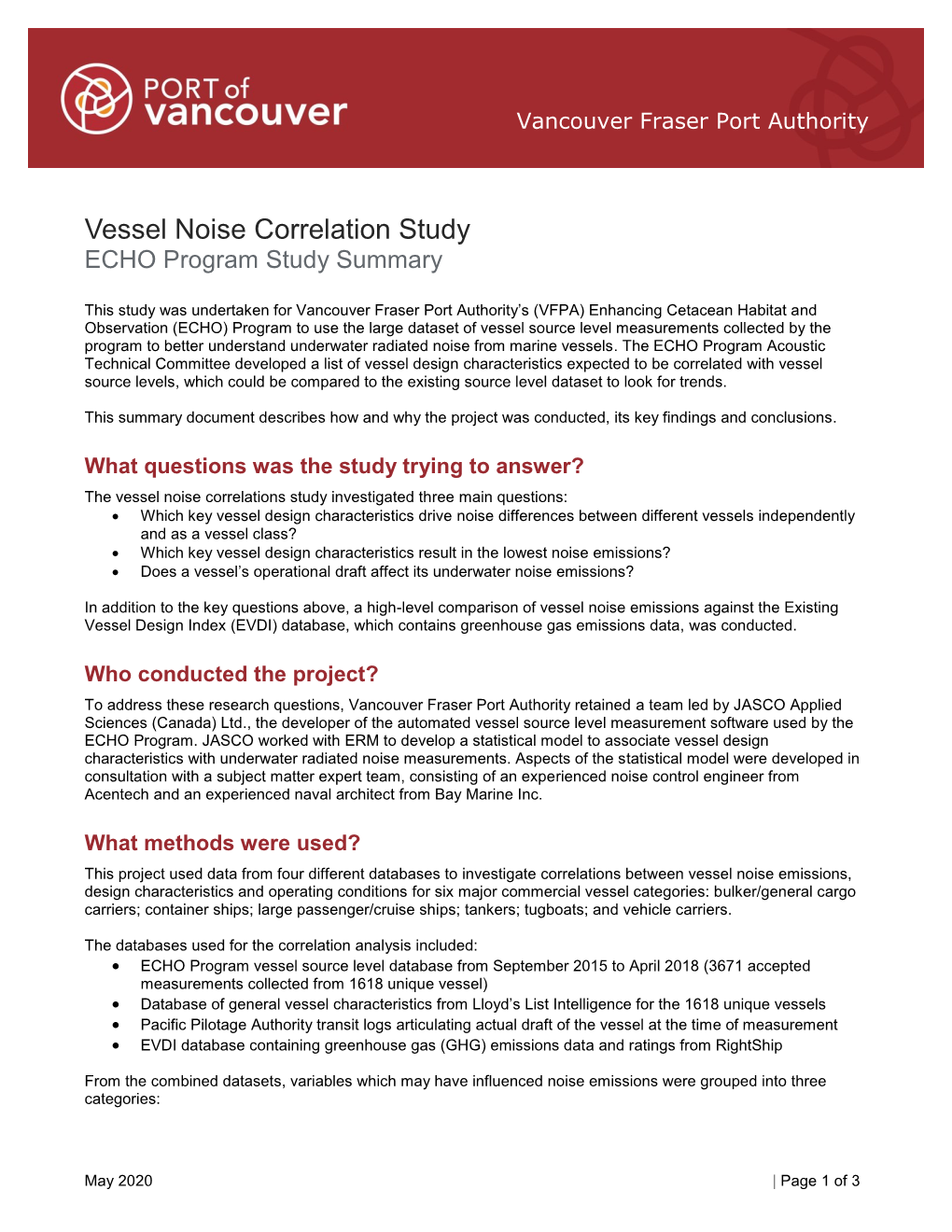 ECHO Program Vessel Noise Correlation Study