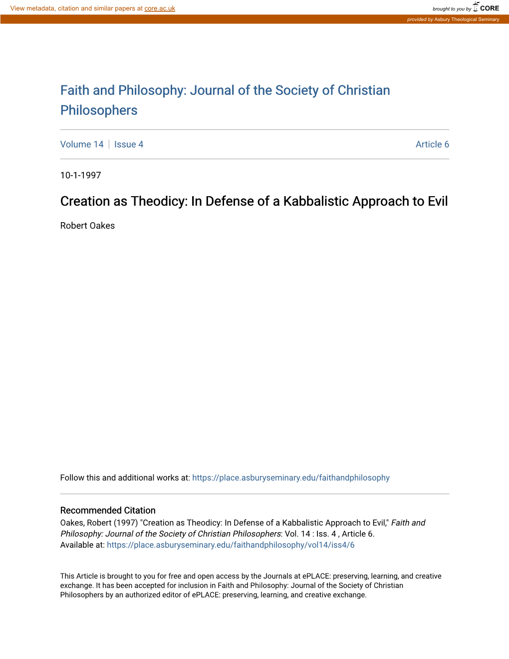 Creation As Theodicy: in Defense of a Kabbalistic Approach to Evil