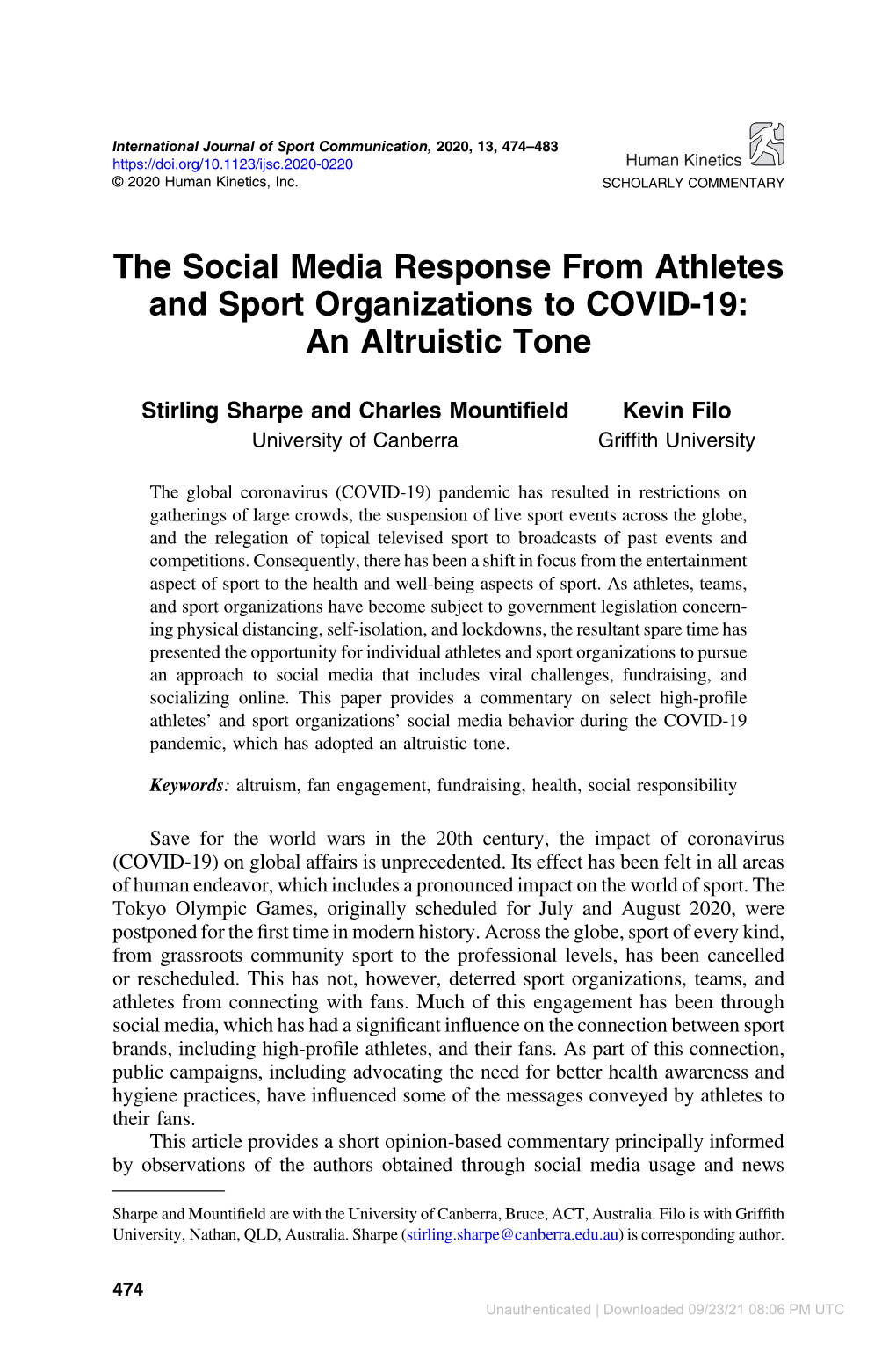 The Social Media Response from Athletes and Sport Organizations to COVID-19: an Altruistic Tone