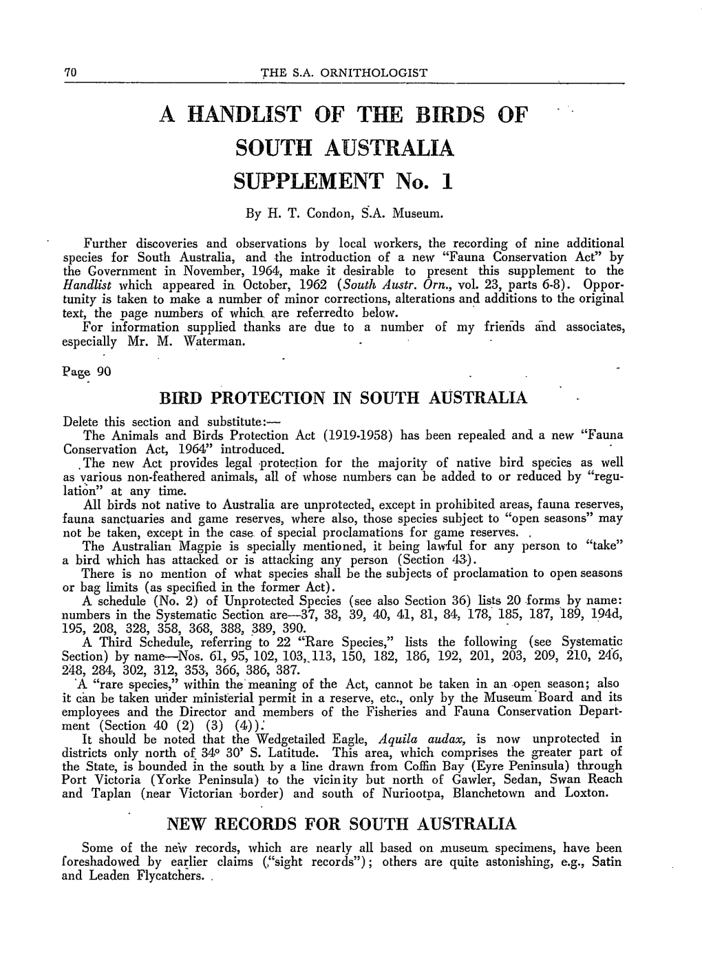 A HANDLIST of the BIRDS of SOUTH AUSTRALIA SUPPLEMENT No