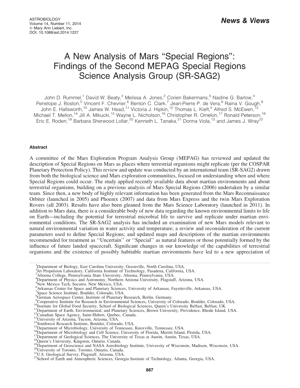 Special Regions’’: Findings of the Second MEPAG Special Regions Science Analysis Group (SR-SAG2)