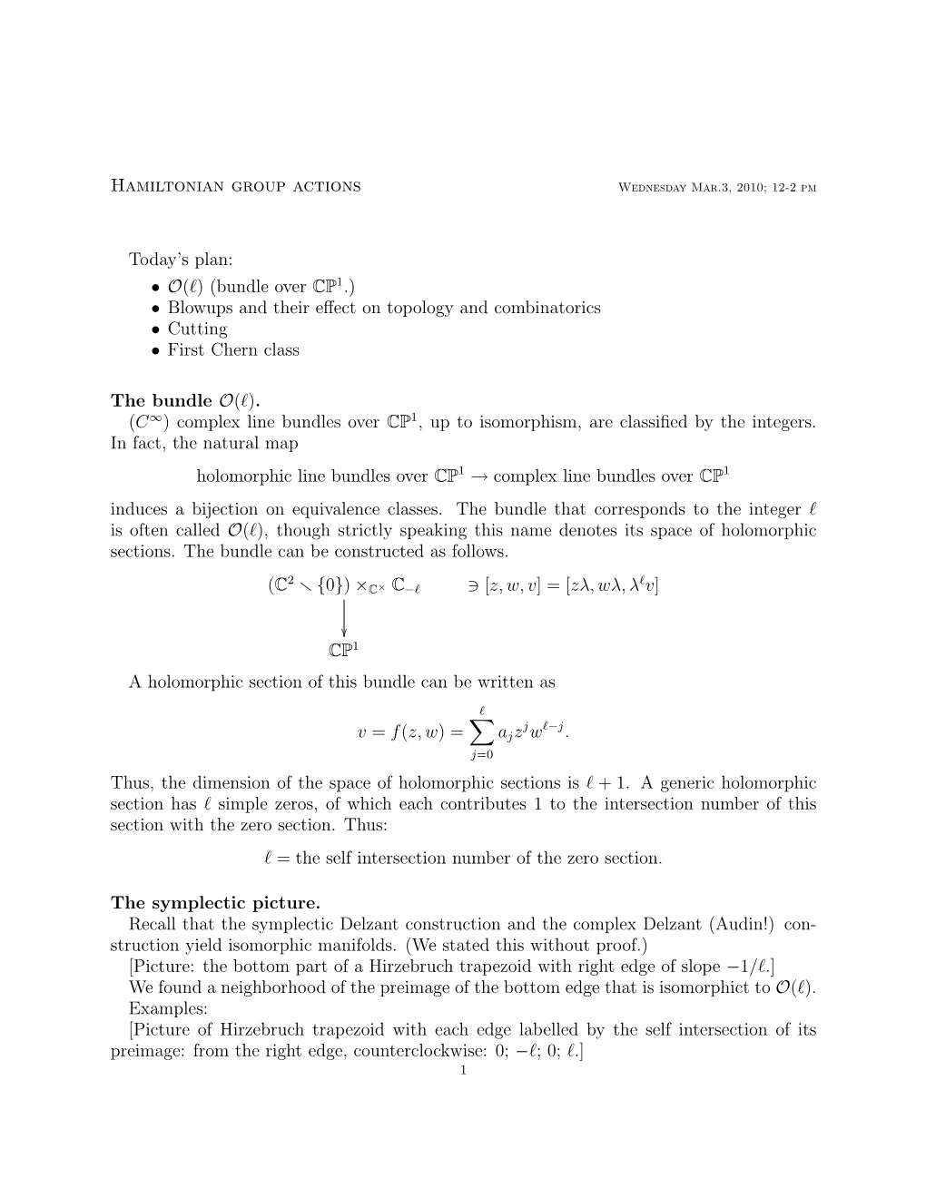 Hamiltonian Group Actions Today's Plan: • O(L) (Bundle Over CP 1