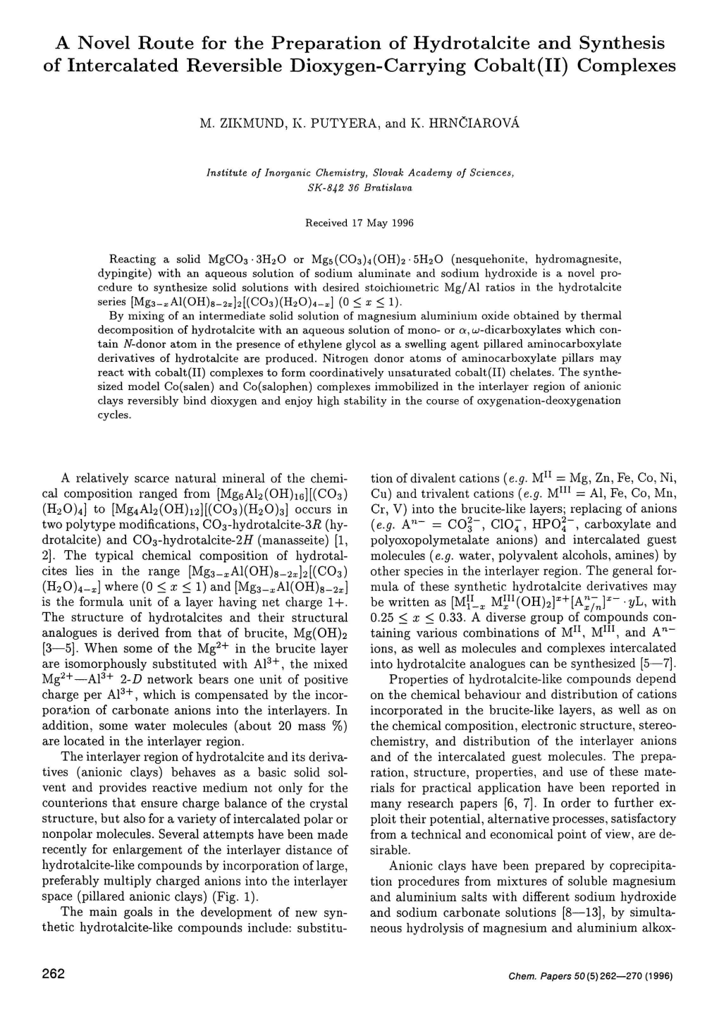 A Novel Route for the Preparation of Hydrotalcite and Synthesis of Intercalated Reversible Dioxygen-Carrying Cobalt (II) Complexes