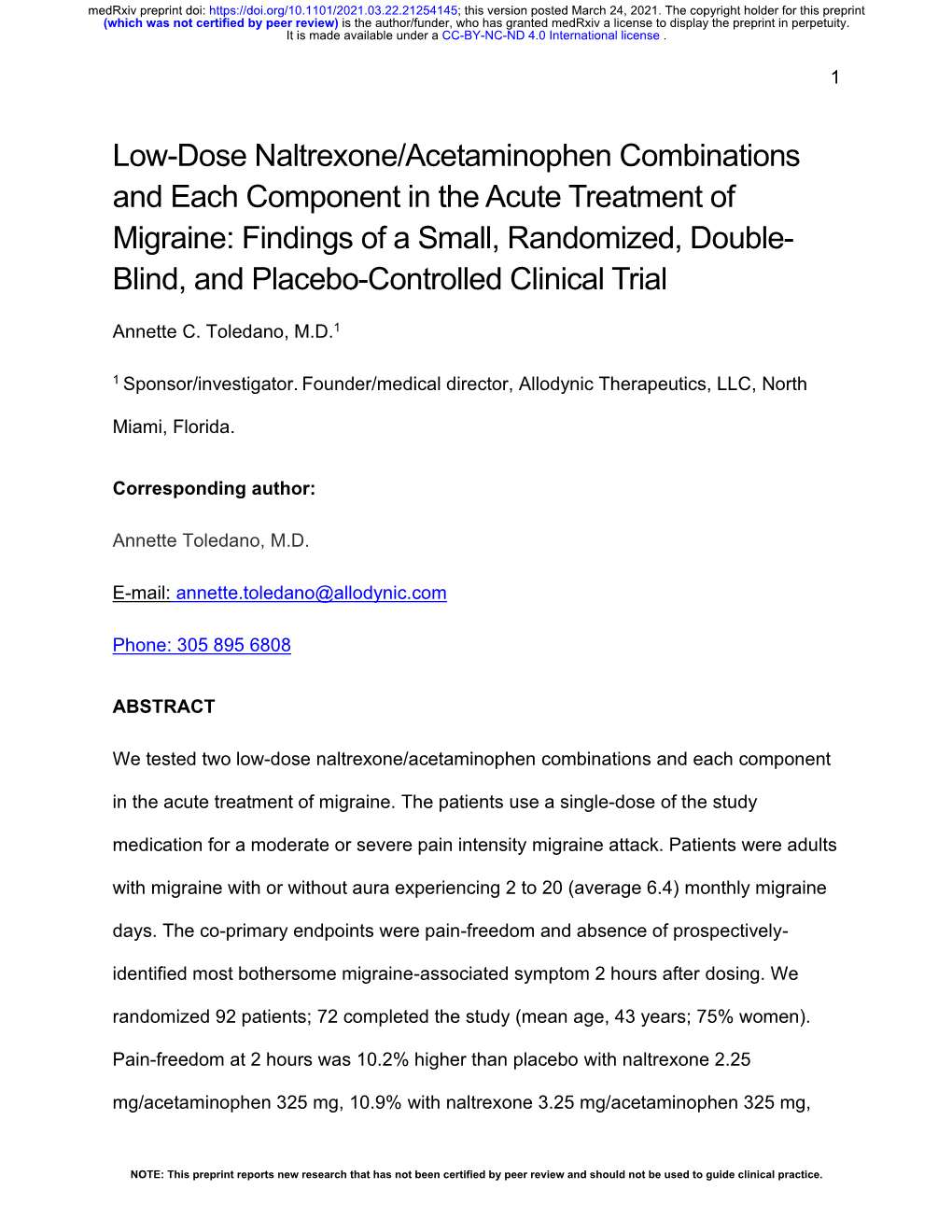 Low-Dose Naltrexone/Acetaminophen